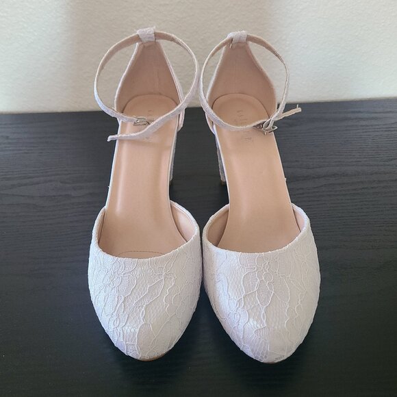 Kailee P White Lace Block 3inch Heel With Satin Tie and Ankle Strap Options - Picture 3 of 6